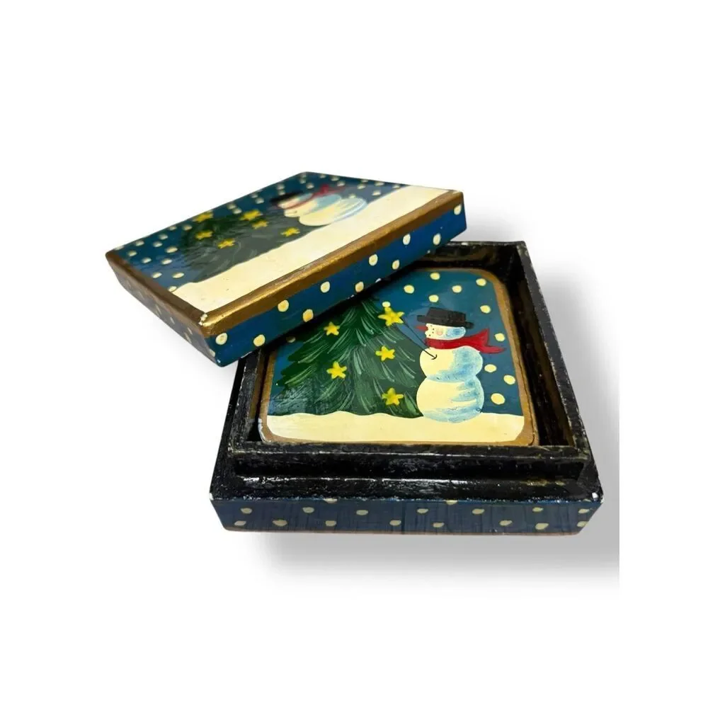 Vintage Snowman Wood Coasters Set of 6 Christmas‎ Drink Coasters in Box 80s